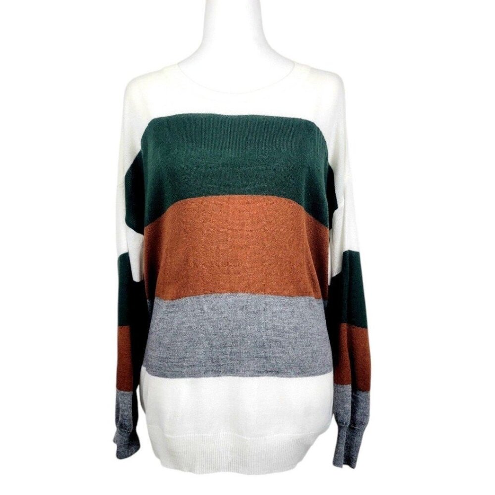 Women's 1X SHEIN Plus Striped Colorblock Casual Long Sleeve Crewneck Pullover